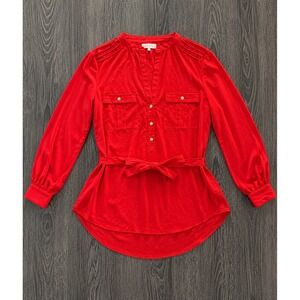 Calvin Klein Womens Red Roll Tab Sleeve Belted Utility Tunic Blouse Office Bold